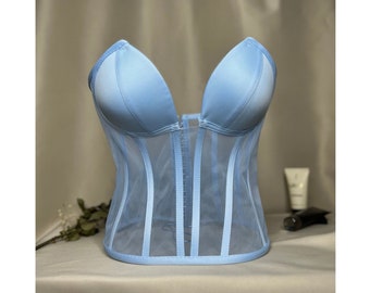 Corset transparent corset baby blue satin corset top lingerie bustier wedding handmade