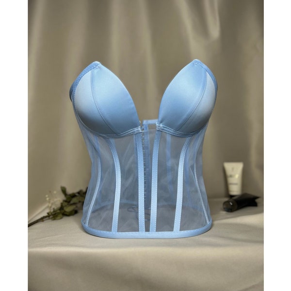 Corset corset transparent bleu clair satiné haut de corset lingerie bustier mariage fait main