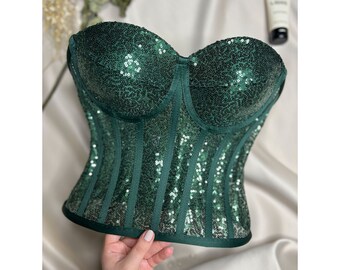 Corset à paillettes vert émeraude, corset à paillettes, bustier à paillettes, haut corset à paillettes vert émeraude, fête, déguisement, cosplay et tenue de club.