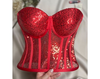 Red corset, sequined corset, sequined bustier, red sequin corset top, party, costume, cosplay and clubwear.