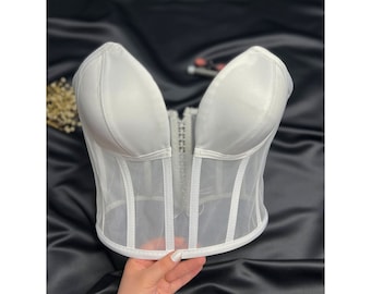 Corsé blanco, bustier blanco, corsé corto transparente, cordones de corsé, lencería corsé, corsé premium,