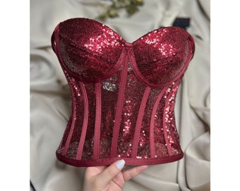 Burgundy sequin corset, sequined corset, sequined bustier, burgundy sequin corset top, party, costume, cosplay and clubwear.