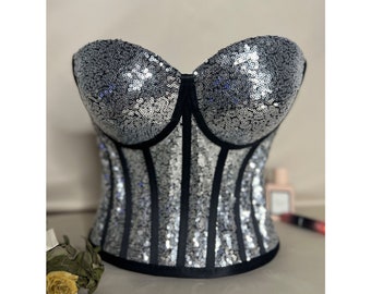 Grey sequin corset, sequined corset, sequined bustier, Grey sequin corset top, party, costume, cosplay and clubwear.