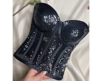 Corset noir, corset à paillettes, corset à paillettes, bustier à paillettes, haut corset à paillettes noir, fête, noir, cosplay et clubwear.