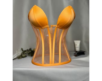 Corset transparent corset orange satin corset top lingerie bustier wedding handmade