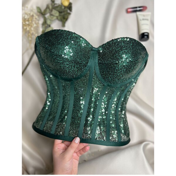 Corset à paillettes vert émeraude, corset à paillettes, bustier à paillettes, haut corset à paillettes vert émeraude, fête, déguisement, cosplay et tenue de club.