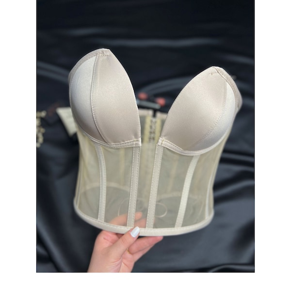 Corset beige, bustier beige, corset court transparent, laçage corset, lingerie corset, corset premium,