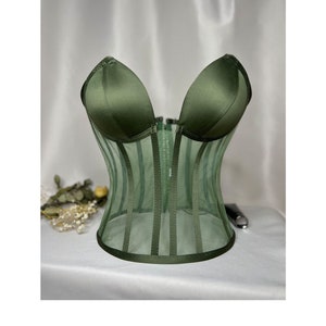 Transparent corset, dark green wedding corset, firming corset, corset top pattern, corset top, bridal bustier, corset bustier.