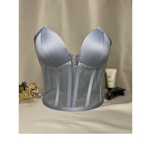 Corset transparent corset gray satin corset top lingerie bustier wedding handmade