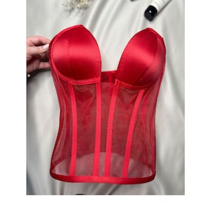 Corset red bustier transparent tulle satin corset lacing Corset lingerie premium corset image 1