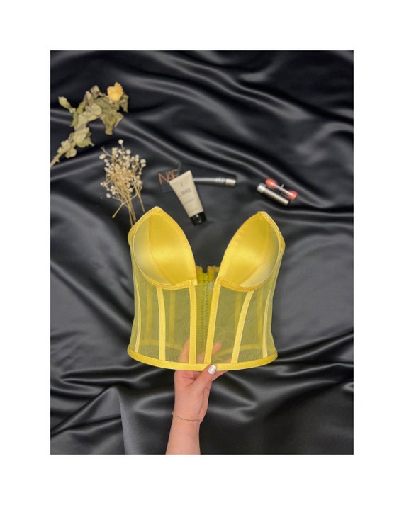 Transparent corset, yellow wedding corset, firming corset, corset top pattern, corset top, bridal bustier, corset bustier, vintage handmade.