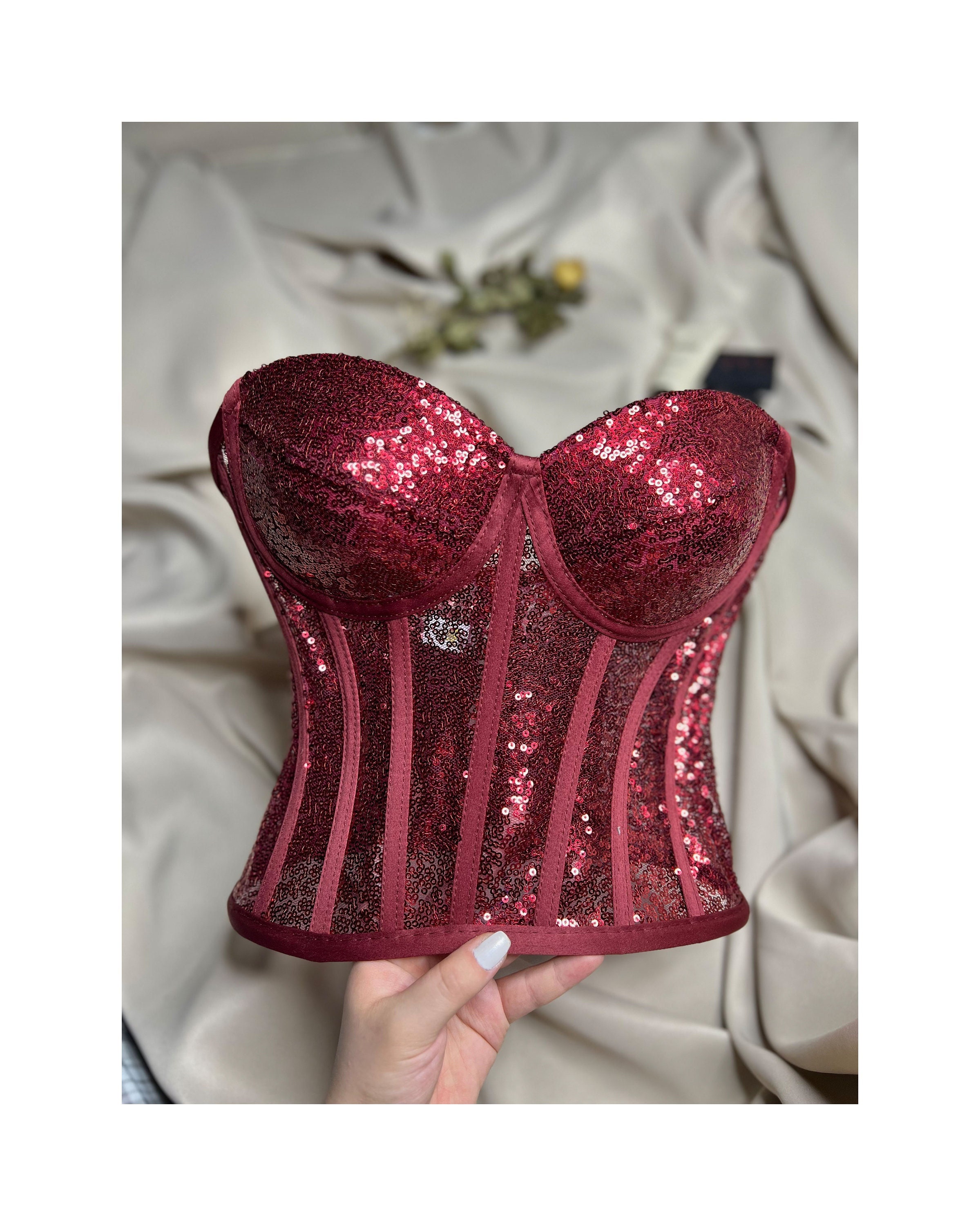 Burgundy Sequin Corset, Sequined Corset, Sequined Bustier, Burgundy Sequin  Corset Top, Party, Costume, Cosplay and Clubwear. 