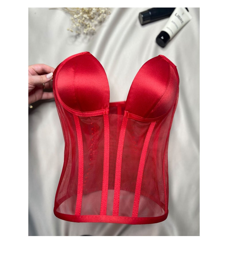 Corset red bustier transparent tulle satin corset lacing Corset lingerie premium corset image 1