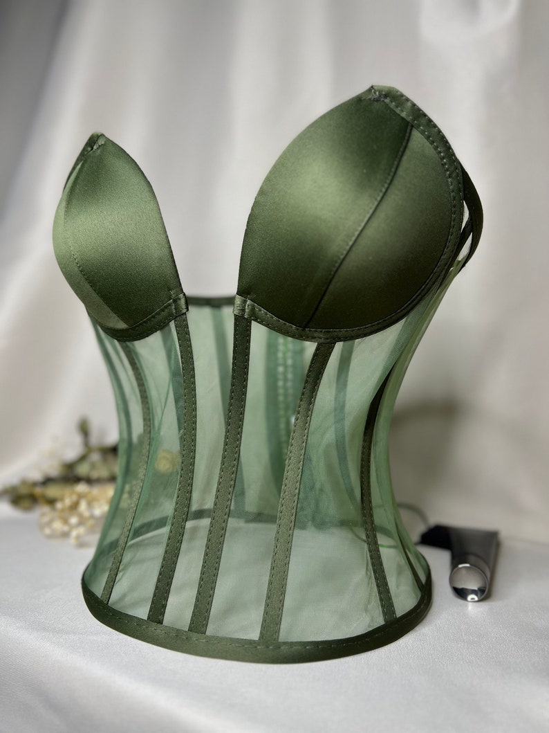 Corset transparent, corset de mariage vert foncé, corset raffermissant, motif de haut de corset, haut de corset, bustier de mariée, bustier de corset. image 3