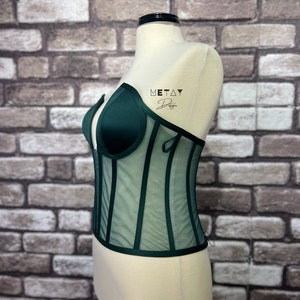 Corset Emerald Green Bustier Transparent Tulle Satin Corset Lacing Corset Lingerie Premium Corset image 4