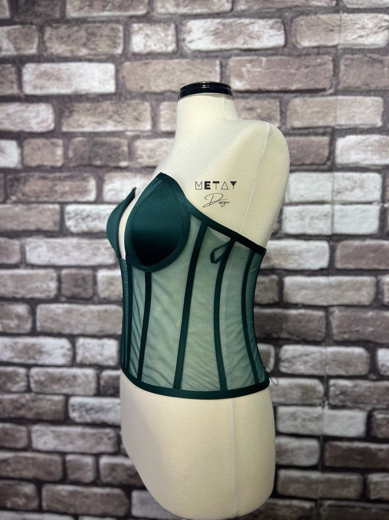 Corset Emerald Green Bustier Transparent Tulle Satin Corset Lacing Corset Lingerie Premium Corset image 4