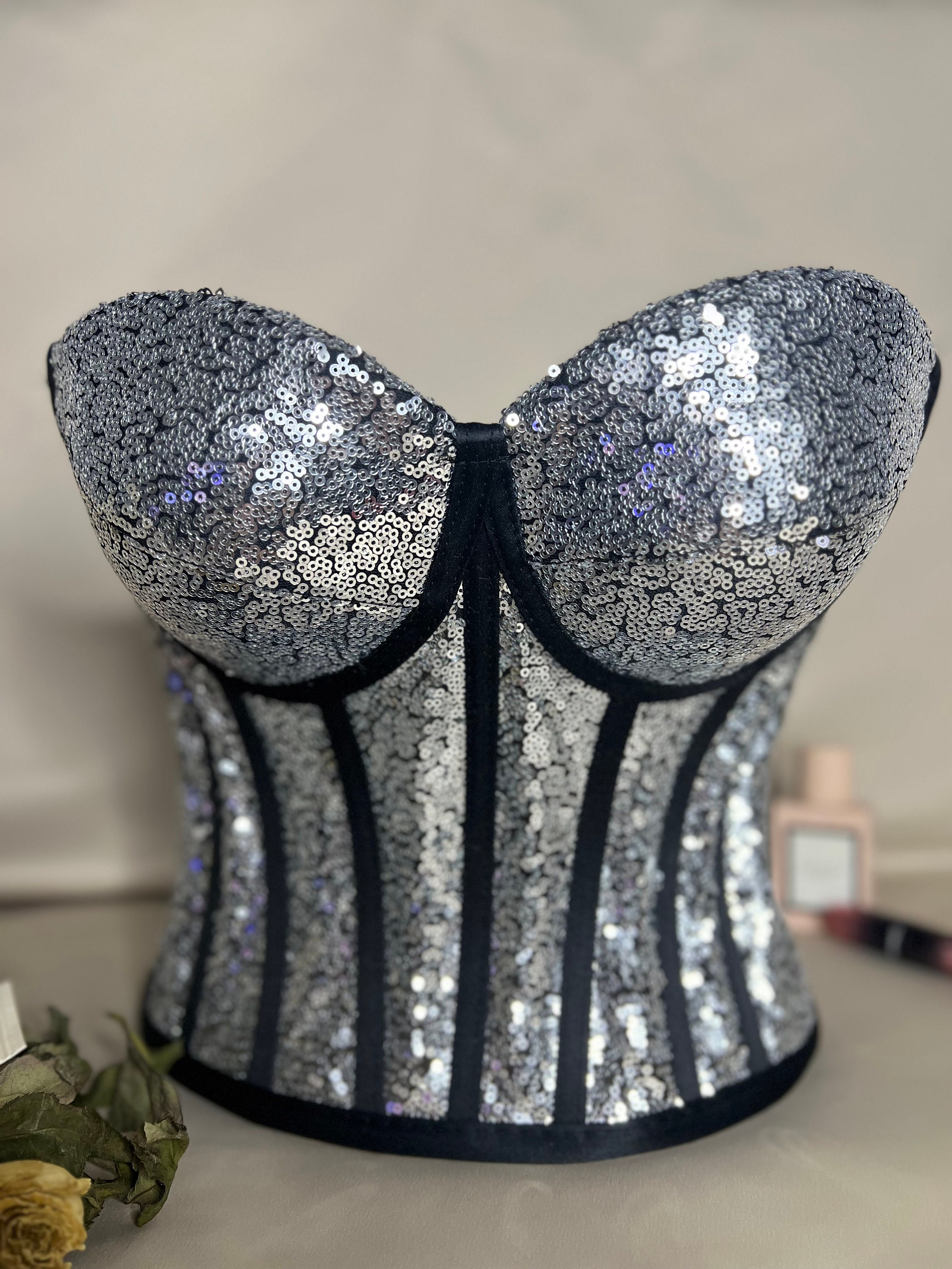 Grey Sequin Corset, Sequined Corset, Sequined Bustier, Grey