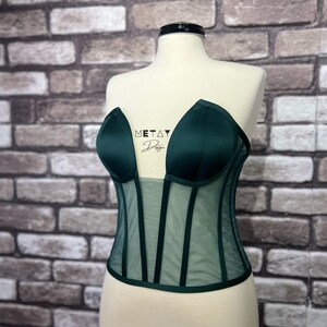 Corset Emerald Green Bustier Transparent Tulle Satin Corset Lacing Corset Lingerie Premium Corset image 3