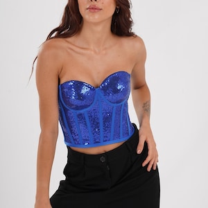 Sax Blue Corset Sequin Corset Sequined Corset Sequined Bustier Black Sequin Corset Top Party Black Cosplay and Clubwear.