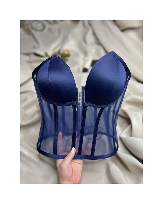 Transparent corset, navy blue Corset, bustier, short transparent corset, corset lacing, Corset lingerie, premium corset, firming corset