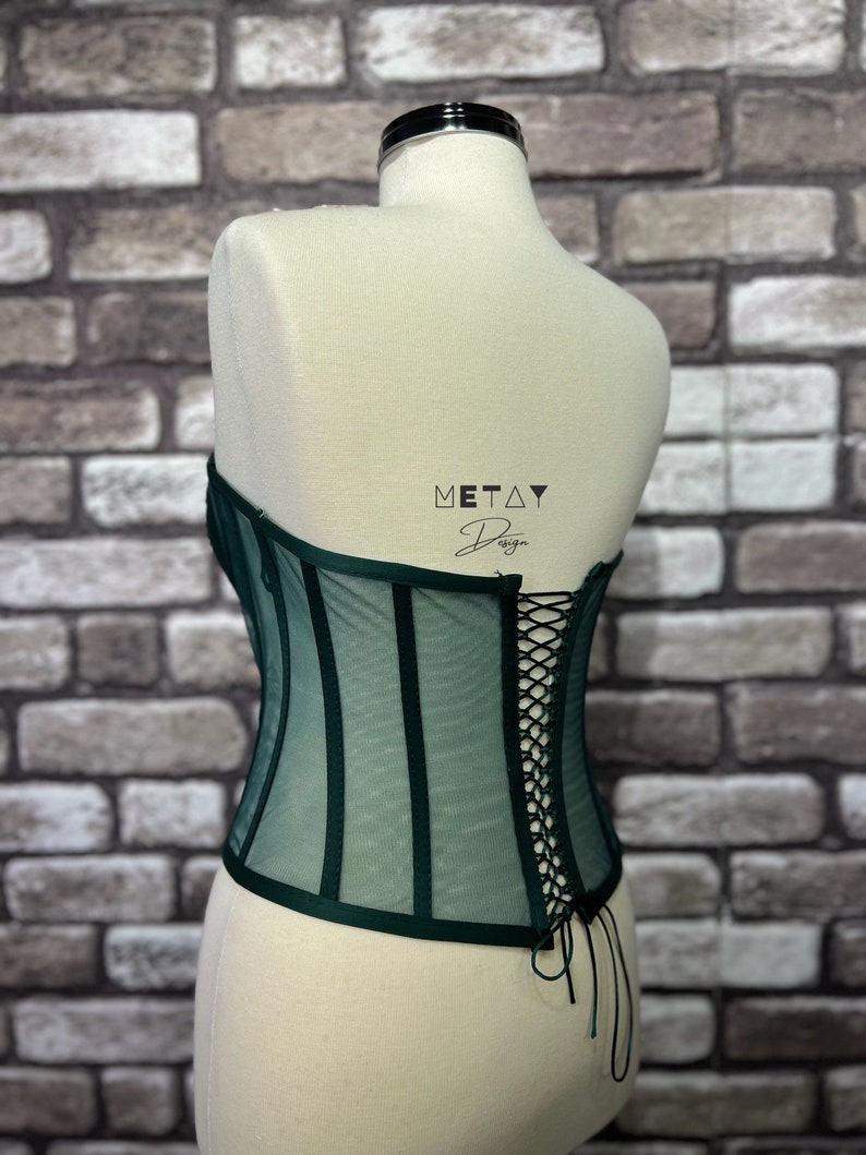 Corset Transparent, Emerald Green Color Wedding Corset, Firming Corset, Bridal Bustier, Corset Top Pattern, Corset Bustier, Vintage Handmade image 7