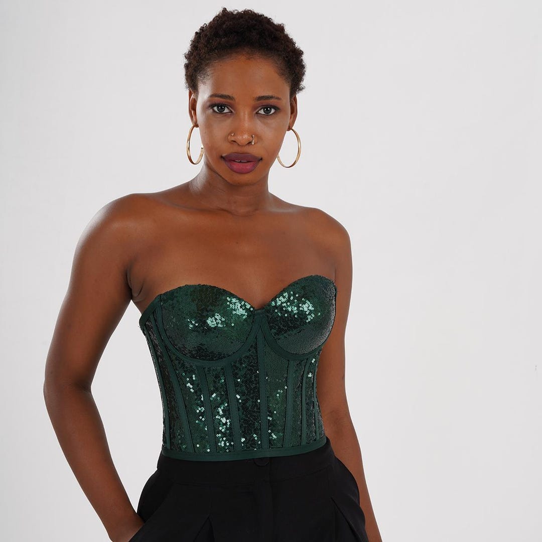 トップス SCULPTOR Corset Top Green Emerald Green Sequin Corset, Sequined Corset, Sequined