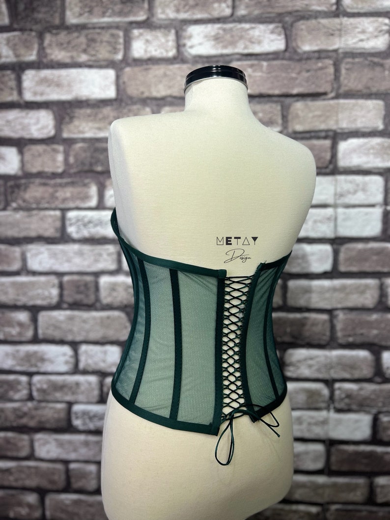 Corset Emerald Green Bustier Transparent Tulle Satin Corset Lacing Corset Lingerie Premium Corset image 7