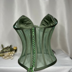 Corset transparent, corset de mariage vert foncé, corset raffermissant, motif de haut de corset, haut de corset, bustier de mariée, bustier de corset. image 4