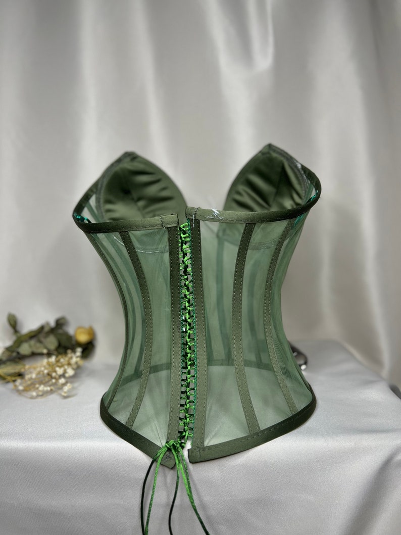 Corset transparent, corset de mariage vert foncé, corset raffermissant, motif de haut de corset, haut de corset, bustier de mariée, bustier de corset. image 4