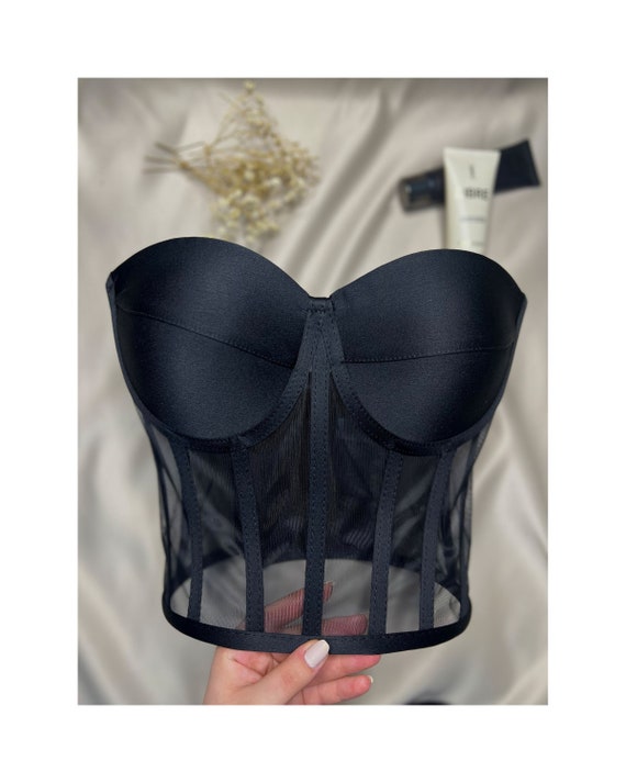 Corset Black Bustier Transparent Tulle Satin Corset Lacing Corset