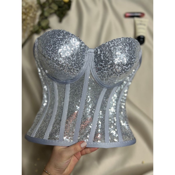 Silver sequin corset, sequined corset, sequined bustier, silver sequin corset top, party, costume, cosplay and clubwear.