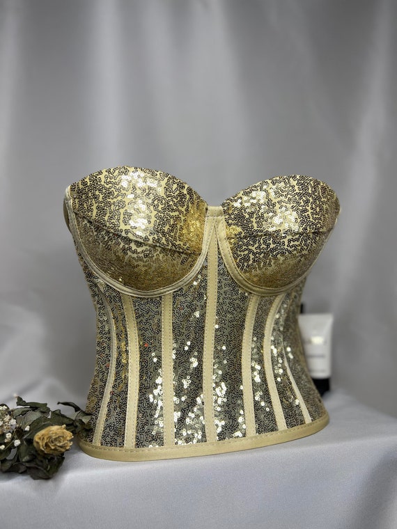 Corset Gold Sequin Sequined Corset Sequined Bustier Gold Sequin Corset Top Party Costume Cosplay and Clubwear. Etsy Sweden