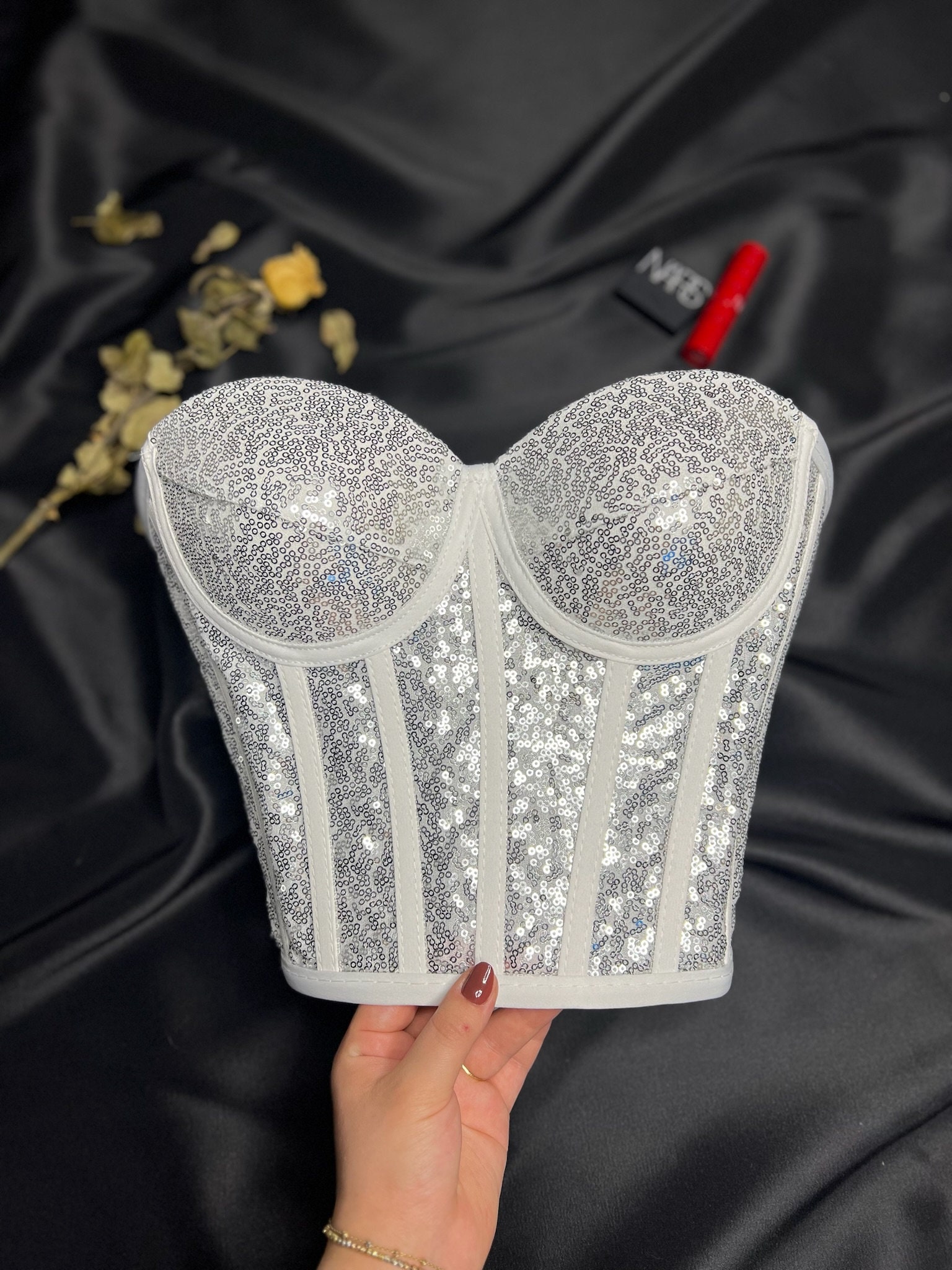 white sequin bustier top