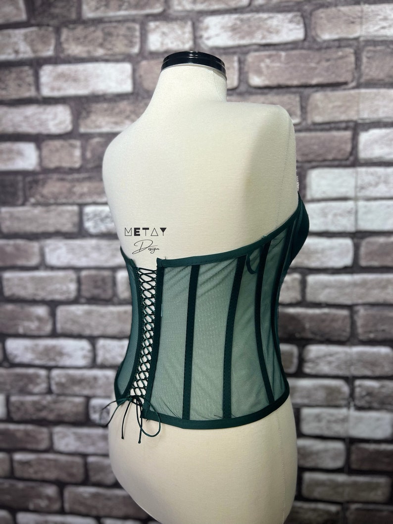 Corset Emerald Green Bustier Transparent Tulle Satin Corset Lacing Corset Lingerie Premium Corset image 6