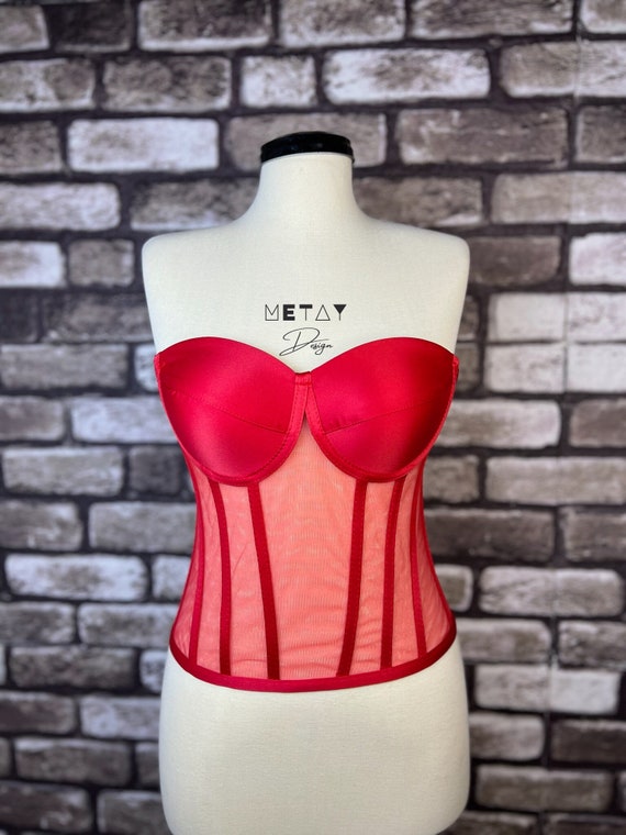 Corset Transparent, Red Color Wedding Corset, Firming Corset, Bridal Bustier, Corset Top Pattern, Corset Bustier, Vintage Handmade.