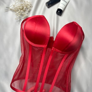 Corset red bustier transparent tulle satin corset lacing Corset lingerie premium corset image 4