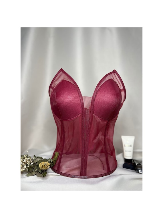 Corset transparent cat ear corset burgundy satin corset top lingerie bustier wedding handmade