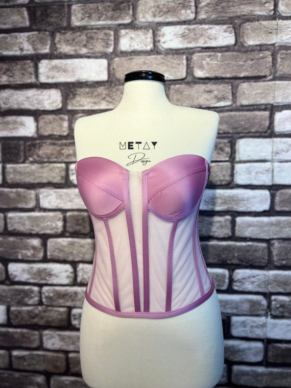 Corset Transparent, Rose-Color Wedding Corset, Firming Corset, Bridal Bustier, Corset Top Pattern, Corset Bustier, Vintage Handmade.