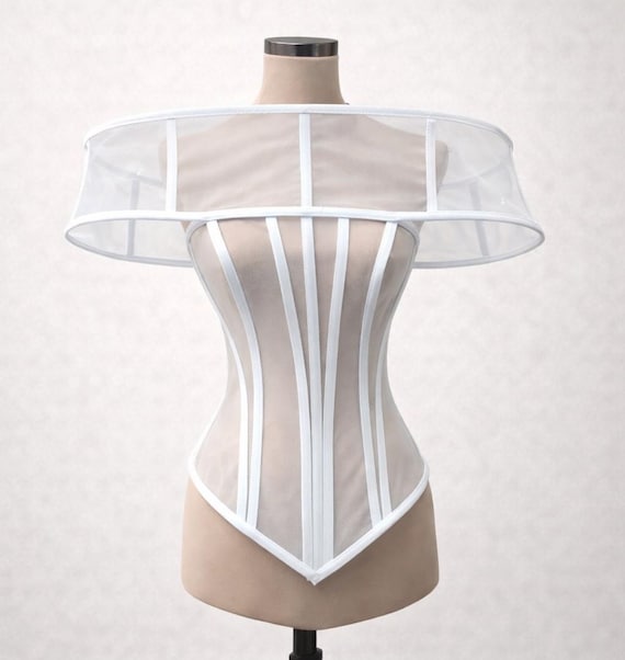 Sheer Tulle Corset Bustier, Lace Up Back, Off Shoulder Couture Transparent Top