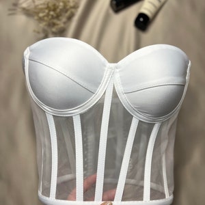 Corset white bustier transparent tulle satin corset lacing Corset lingerie premium corset image 4