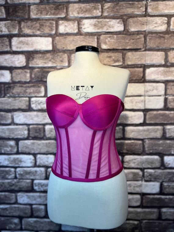 Corset Transparent, Fuchsia Wedding Corset, Firming Corset, Bridal Bustier, Corset Top Pattern, Corset Bustier, Vintage Handmade.