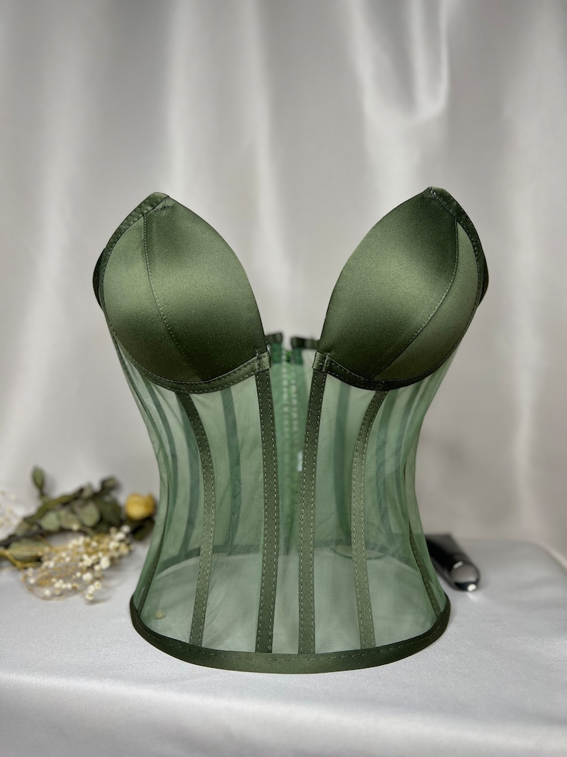 Corset transparent, corset de mariage vert foncé, corset raffermissant, motif de haut de corset, haut de corset, bustier de mariée, bustier de corset. image 2