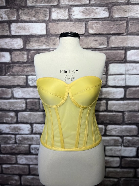 Corset Transparent, Yellow Color Wedding Corset, Firming Corset, Bridal Bustier, Corset Top Pattern, Corset Bustier, Vintage Handmade.