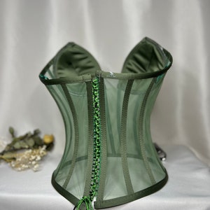 Corset transparent, corset de mariage vert foncé, corset raffermissant, motif de haut de corset, haut de corset, bustier de mariée, bustier de corset. image 5