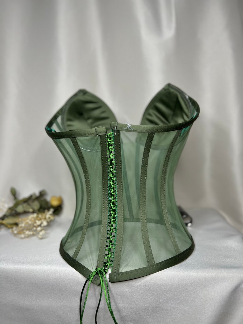 Corset transparent, corset de mariage vert foncé, corset raffermissant, motif de haut de corset, haut de corset, bustier de mariée, bustier de corset. image 5