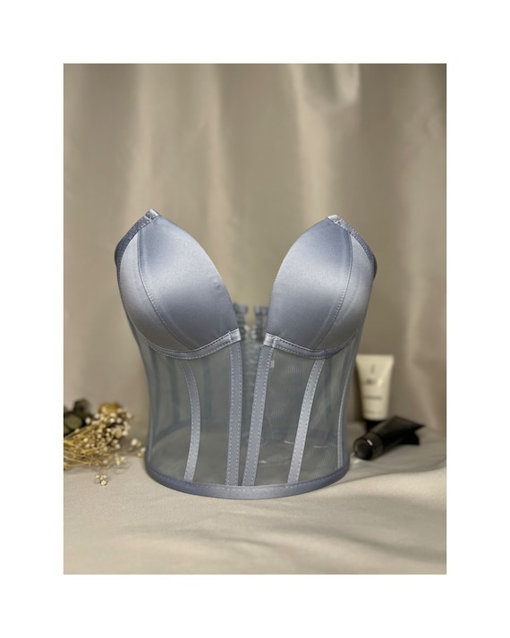 Corset transparent corset gray satin corset top lingerie bustier wedding handmade