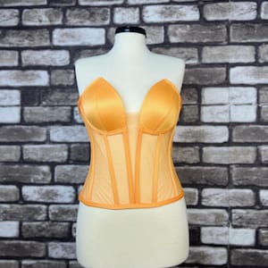 Corset transparent corset orange satin corset top lingerie bustier wedding handmade