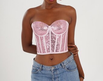 Sexy Rhinestone Push Up Bustier Crop Top Rave Party Glitter