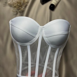 Corset white bustier transparent tulle satin corset lacing Corset lingerie premium corset image 2