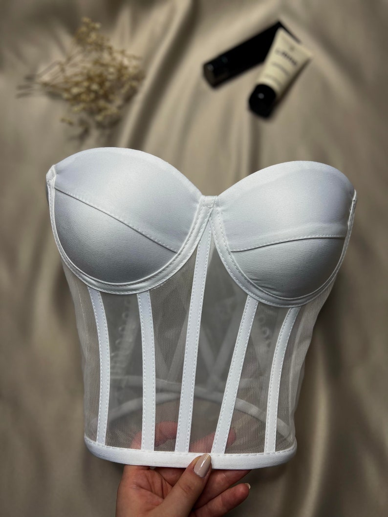 Corset white bustier transparent tulle satin corset lacing Corset lingerie premium corset image 2